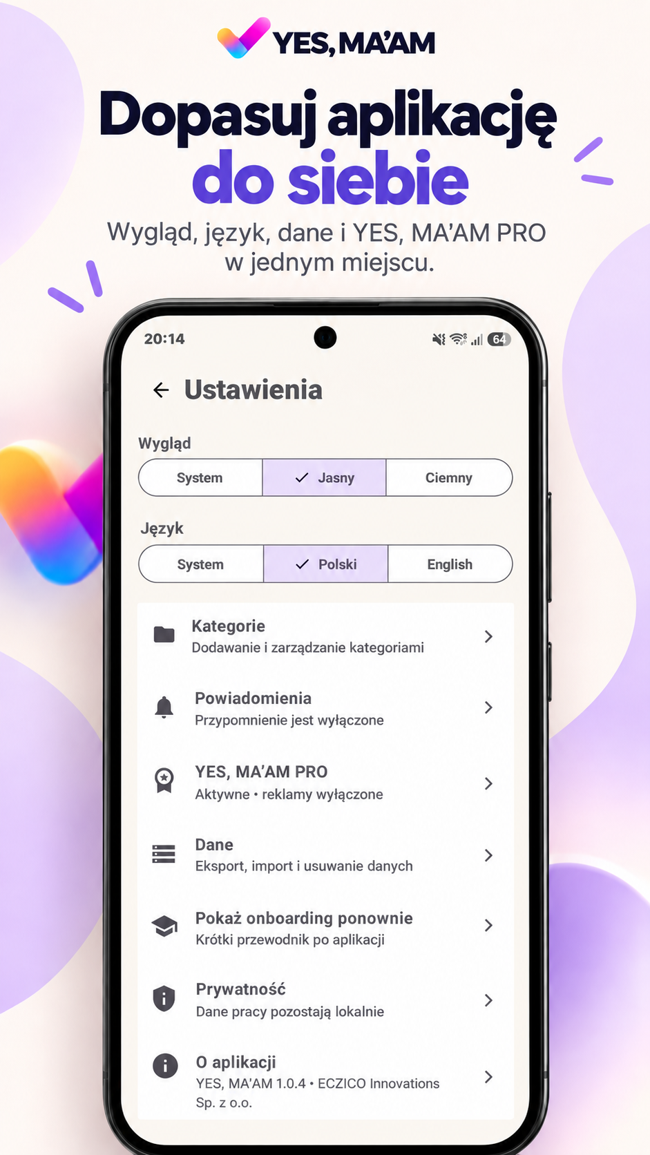 YES, MA’AM – ustawienia aplikacji